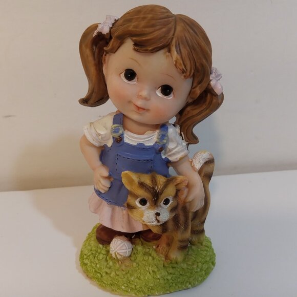 Tender Times Figurine Little Girl With Cat Blue Pink 4.5" Resin Felt Bottom - Picture 2 of 7